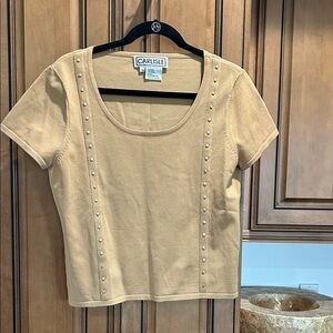 Carlisle Camel Short Sleeve Scoop Neck Top with Stud Trim